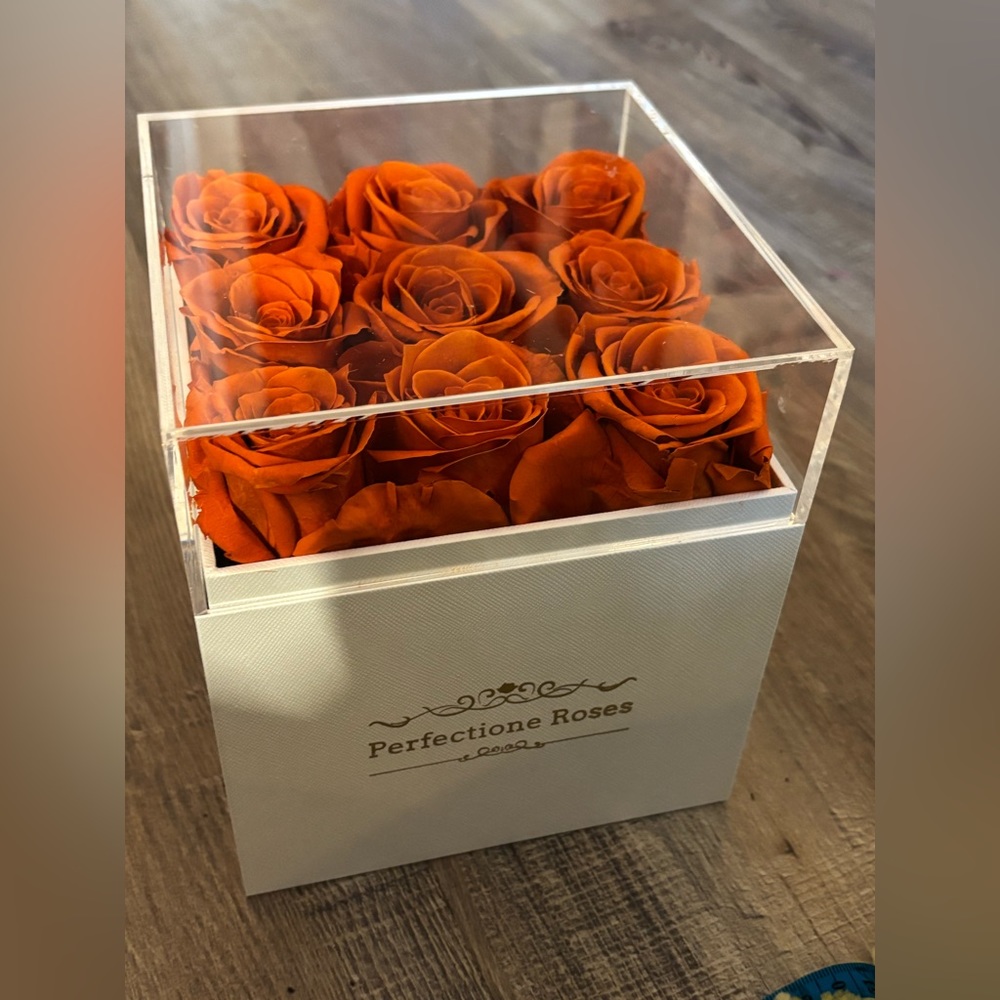 Perfectione Roses Elegant Box Preserved 9 Reddish Orange Eternal Love Roses 🌹